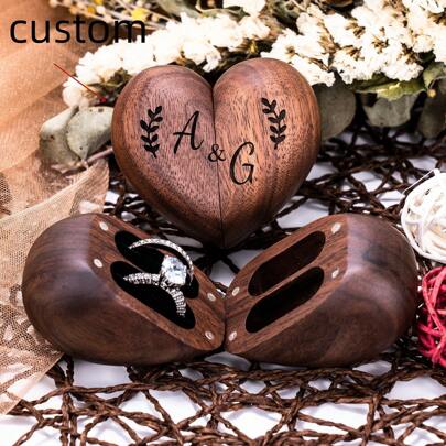 Custom Wood Heart Ring Box, Engraved Double Ring Box, Personalized Ring Holder Walnut Wood Ring Bearer, Proposal Ring Box, Jewelry Box Gift For Women 1pc Space-Saving Exquisite, Stylish, High-Quality, Vintage, Tidy Custom, Personalized, Unique Ideal Gifts For Him Her, Boyfriend, Girlfriend, Dad, Mom, Family, Friends For Anniversaries, For Valentine's Day, For Mother's Day, For Birthdays, For Children's Day, For Father's Day, For Graduation, For Weddings, For Housewarming Living Room, Bedroom, Home, Bathroom Back To School