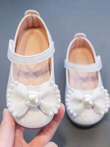 Girls' Princess Flats With Soft Sole, Flats, New Style In Spring And Summer, Pearl & Bowknot Decoration, Kids' Leather Flats