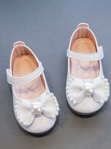 Girls' Princess Flats With Soft Sole, Flats, New Style In Spring And Summer, Pearl & Bowknot Decoration, Kids' Leather Flats