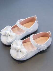 Girls' Princess Flats With Soft Sole, Flats, New Style In Spring And Summer, Pearl & Bowknot Decoration, Kids' Leather Flats
