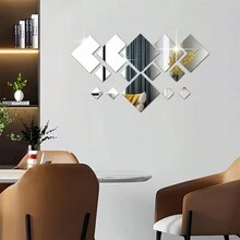 14片装DIY可移除镜面贴纸，亚克力镜面墙贴，适用于客厅、卧室、餐厅、办公室、健身房、咖啡厅等场所装饰。 - 銀色 - 查看 6