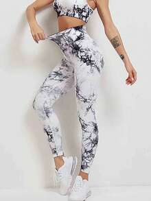 Pantalones teñidos de tie - Dye sin costura pantalones de yoga de cadera de melocotón pantalones de yoga de cintura alta y caderas levantadas para correr pantalones de fitness femeninos. Estilo: deportivo, informal, a la moda Color diario: negro blanco verde Talla:S,M,L - Blanco - Ver 2