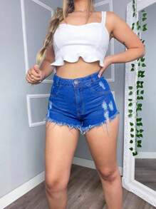 Women Denim Shorts - 深色水洗藍 - 查看 1