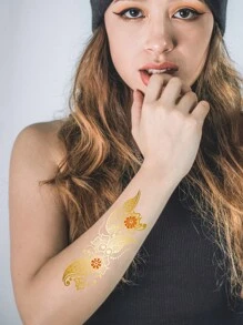 9pcs Gold Metallic Temporary Tattoo Stickers For Women - Boho Vintage Glitter Designs With Lace, Feathers, Butterflies, Mandalas & Patterns, Great For Parties And Everyday Wear