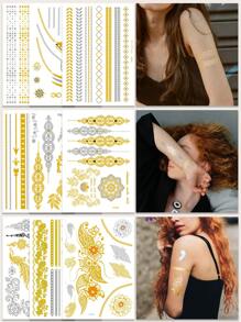 9pcs Gold Metallic Temporary Tattoo Stickers For Women - Boho Vintage Glitter Designs With Lace, Feathers, Butterflies, Mandalas & Patterns, Great For Parties And Everyday Wear