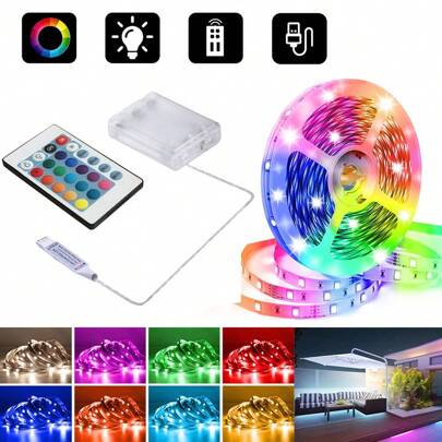 1roll 1 Meter/3.3 Ft~15 Meters/49.2 Ft Battery Powered LED Strip Light(No Batteries), RGB Color Changing Flexible Battery Powered LED Light, With IR 24 Key Controller, For Bedroom, Table, Home, Room, TV Camping, And DIY Decoration