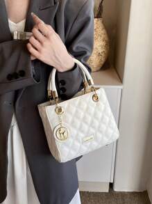 High-Capacity Women Shoulder Bag With Embroidered Rhombus Pattern, Luxury And Elegant White Handbag For Women, Can Be Carried Diagonally, Business Casual Women Bag, Perfect For Office, Business And Work, Business Casual Woman Bag Perfect For Office Business And Work - White - View 4