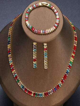 3 st Rhinestone-dubbade rektangulärt halsband, armband och örhängen set lämplig för kvinnors bröllop och fester