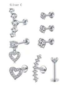 CIZME 1 Set (8 piezas) Pendientes de cartílago para mujeres, pendientes de moda para perforaciones de hélice y trago, fabricados en acero inoxidable con cristal artificial, circonita cúbica y aro labial, colores disponibles: plateado, dorado, rosa dorado y negro