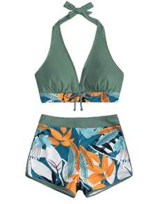 Conjunto de Baño de Dos Piezas para Mujer con Protección Solar, Manga Larga, Cremallera Frontal, con Pantalones Cortos. Bañador Separado para Mujer, Bañador de Dos Piezas de Manga Larga, Top de Playa, Pantalones Cortos con Cintura Elástica. Bañador de Dos Piezas para Mujer, Top de Baño de Manga Larga con Cremallera, Pantalones Cortos. Diseño Floral de Manga Larga, Adecuado para la Playa en Verano y Otros Escenarios. " - Verde Lima - Ver 3