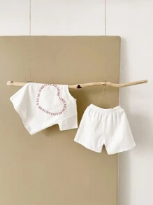 2pcs Baby Girls' Sweet Heart Printed Short Sleeve T-Shirt And Shorts Set, Summer