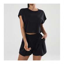 Women's 2 Piece Yoga Set, Workout Sportswear Set, Women's Solid Color Crop Top And Shorts Sports Set - Black - View 2