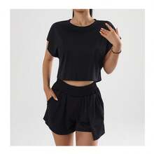 Women's 2 Piece Yoga Set, Workout Sportswear Set, Women's Solid Color Crop Top And Shorts Sports Set - Black - View 3