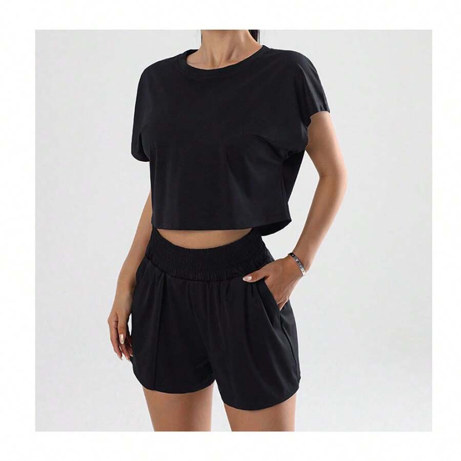 Women's 2 Piece Yoga Set, Workout Sportswear Set, Women's Solid Color Crop Top And Shorts Sports Set - Black - View 1
