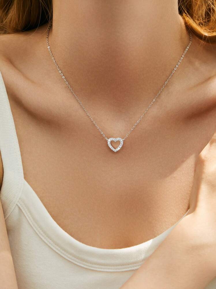 SYMFNY 1pc 925 Sterling Silver Fashionable And Cute Minimalist Hollow Out Heart Pendant Necklace With Zirconia Accent Valentines - Silver - View 2