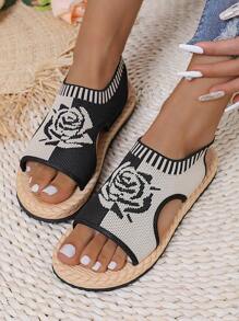 Flache, lockere Sandalen für Damen mit Rosenmuster, sommerlicher Hausschuh mit offenem Zeh und leichte Slip-On Schuhe