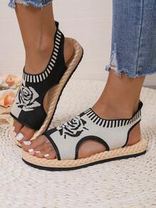 Flache, lockere Sandalen für Damen mit Rosenmuster, sommerlicher Hausschuh mit offenem Zeh und leichte Slip-On Schuhe