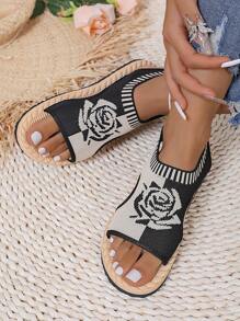 Flache, lockere Sandalen für Damen mit Rosenmuster, sommerlicher Hausschuh mit offenem Zeh und leichte Slip-On Schuhe