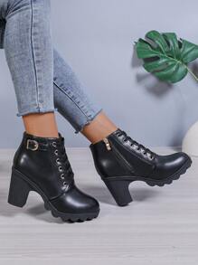 Giày cao đến mắt cá chân và bốt ngắn nữ, màu đen, buộc dây, dây kéo bên hông, giày cao gót, gót vuông, chất liệu PU - màu đen - Xem 3