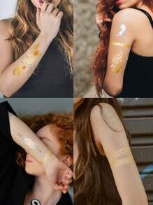 9pcs Gold Metallic Temporary Tattoo Stickers For Women - Boho Vintage Glitter Designs With Lace, Feathers, Butterflies, Mandalas & Patterns, Great For Parties And Everyday Wear