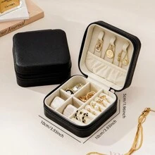 CASEGRACE 1pc PU Leather Square Jewelry Box Organizer Portable Necklace Ring Jewellery Storage Case For Valentine's Day Gift - Black - View 13