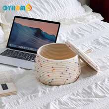 OYHOMO 1pc Woven Storage Basket With Lid Colorful Dots Decorative Basket Boho Desktop Tidy Basket For Office, Bedroom, Bathroom, White - Multicolor - View 4