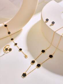 Set de 5 piezas de aretes, pulsera, collar y anillo con diseño floral de trébol de cuatro hojas, chapado en oro de 18K, estilo sencillo y elegante: El mejor regalo de cumpleaños para madres, hijas y amigas, adecuado para cumpleaños de mujeres, fiestas y todas las ocasiones