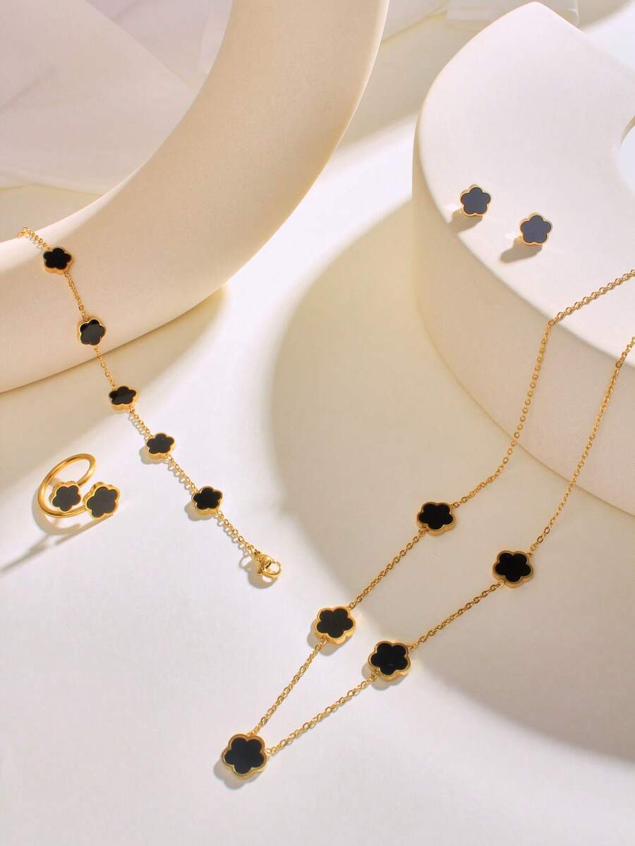 Set de 5 piezas de aretes, pulsera, collar y anillo con diseño floral de trébol de cuatro hojas, chapado en oro de 18K, estilo sencillo y elegante: El mejor regalo de cumpleaños para madres, hijas y amigas, adecuado para cumpleaños de mujeres, fiestas y todas las ocasiones