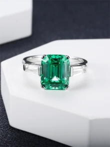 1入組S925純銀翡翠鑽戒，高碳鑽石切割，時尚風格適合女性日常佩戴 - 綠色 - 查看 2