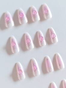 Y2K指甲藝術24入中長度杏仁形簡單低調奢華法式漸變銀色條紋3D心形裝飾可佩戴假指甲與指甲膠套裝，適用於女孩/女士派對、婚禮、假期、約會和日常穿著壓克力指甲供應 - 彩色 - 查看 2