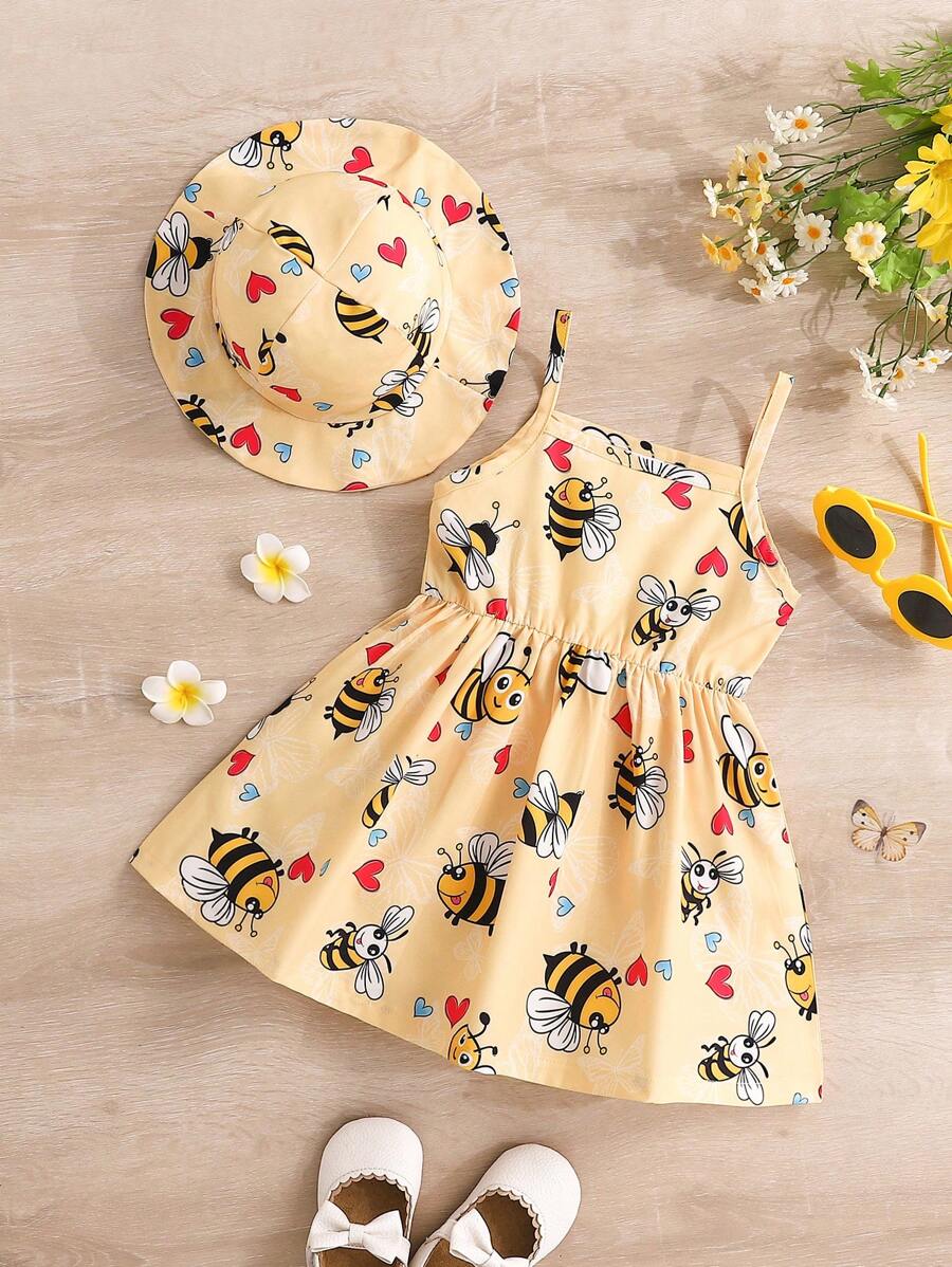 Conjunto de 2 piezas para bebé niña con vestido de verano con estampado de abejas y gorro en estilo casual - Amarillo - Ver 1