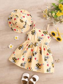 Conjunto de 2 piezas para bebé niña con vestido de verano con estampado de abejas y gorro en estilo casual - Amarillo - Ver 2