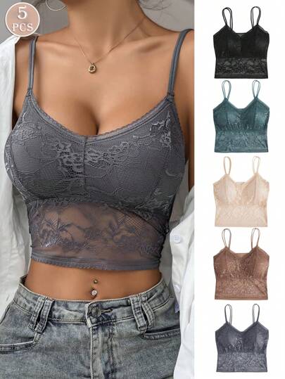 5pcs Women's Lace Wireless Top, Stylish Spaghetti Strap Tank Tops For All Seasons, Workout