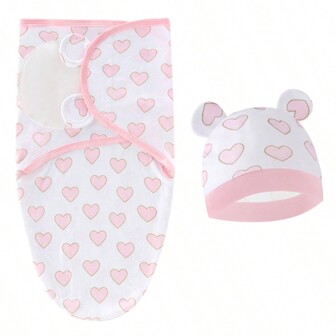 1set Newborn Swaddle Blanket & Hat, Infant Wrap Blanket, Anti-Kick Sleeping Bag, Spring Autumn Baby Gift, 0-6 Months Love Valentine