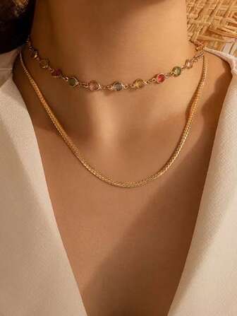 1條五彩水鑽串鏈項鍊，波西米亞風格可愛精緻女士項鍊