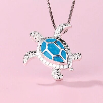 1pc Girls' Cute Turtle Animal Shaped Zinc Alloy Pendant Necklace With Silver Plating And A Glow-In-The-Dark Effect, Suitable For Daily Wear