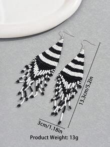 1對歐美風格斑馬紋流蘇設計耳環，手工串珠波西米亞元素女式耳飾