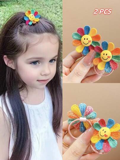 2pcs Cute Sunflower Cartoon Hair Scrunchies Elastic Hair Ties, Gift For Girls (Random Style Shipping Without Backing Card Due To Handmade)
