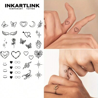  INKARTLINK Star, Moon, Flora & Fauna Mini Temporary Tattoo Set | Cute Heart, Smiling Face Finger Tattoos | Plant-Based 15-Day Waterproof | Minimalist Personalized Fake Tattoos | Multiple Tiny Pattern Collection | Authentic Tattoo Niche Design Stickers