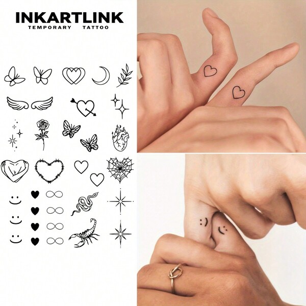 INKARTLINK Coffret de mini-tatouages temporaires INKARTLINK avec motifs d'étoile, de lune, de flore et de faune | Tatouages de doigts mignons en forme de cœur et de visage souriant | Tatouages éphémères à base de plantes, waterproof 15 jours | Tatouages fantaisie minimalistes et personnalisés | Collection de motifs mini variés | Autocollants de tatouages de conception de niche authentique