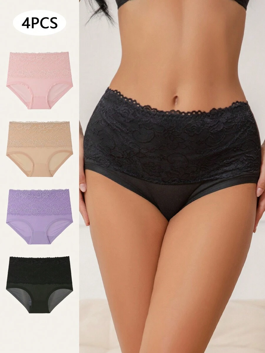 4入組2XL-5XL大碼女士蕾絲高腰透氣短褲，性感舒適三角褲，適用於大碼女士