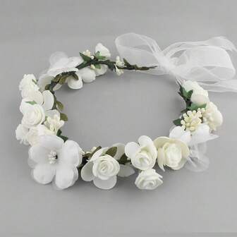 1pc Bridal Flower Crown Headband, Wedding Beach Photo-Shoot Headpiece With Ribbon And Floral Decoration