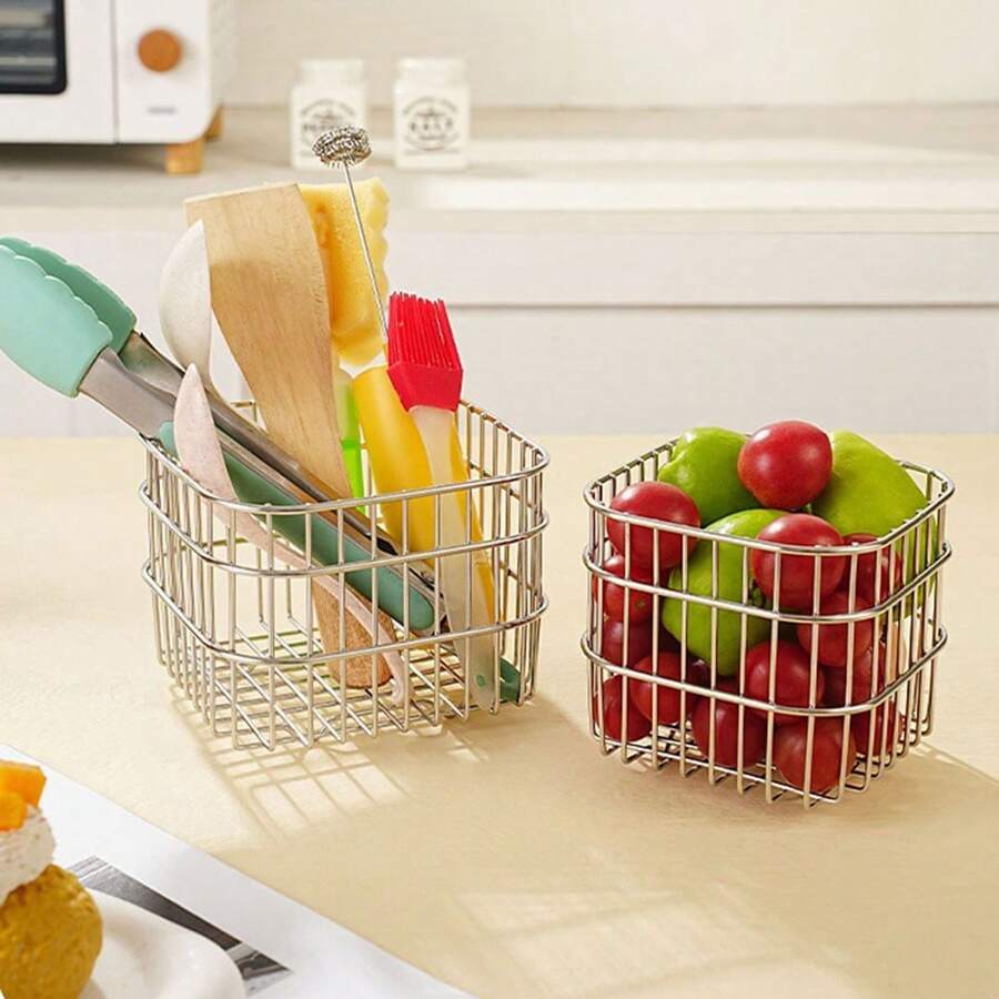 1pc Kitchen Storage Rack, Stainless Steel Drainage Basket, Household Fruit And Vegetable Washing Storage Basket, Square Sink Drainage Rack - Silver - View 1