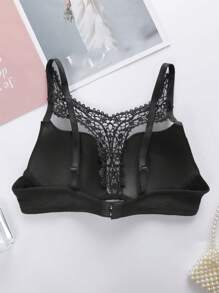 Solid Color Lace Pattern Underwire Push-Up Bra - Black - View 7