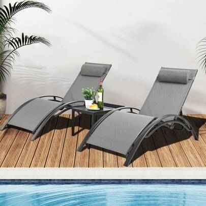 Set Of 3 Garden Loungers, Extra Large Garden Loungers With Coffee Table, Sun Loungers With Full Aluminum Frame, S-Shaped Ergonomic Lounge Chair, Suitable For Garden, Pool, Beach, Gray