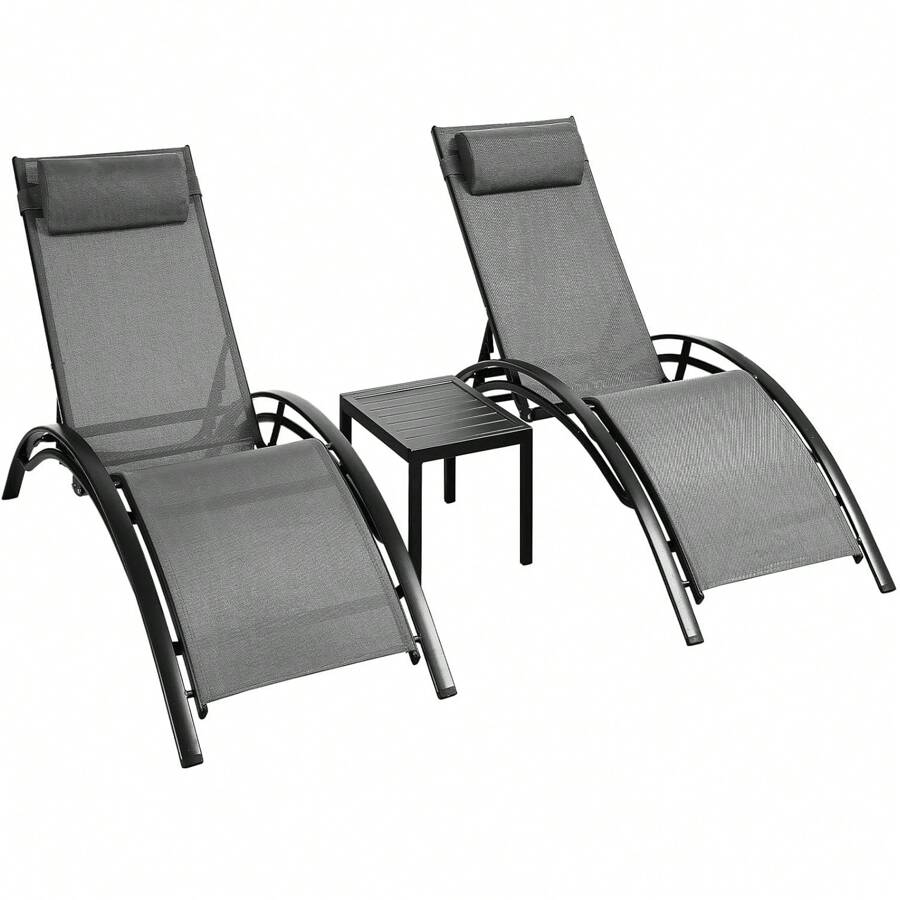 Set Of 3 Garden Loungers, Extra Large Garden Loungers With Coffee Table, Sun Loungers With Full Aluminum Frame, S-Shaped Ergonomic Lounge Chair, Suitable For Garden, Pool, Beach, Gray - 灰色 - 查看 1