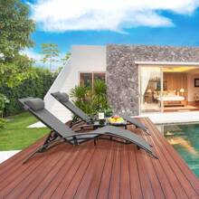 Set Of 3 Garden Loungers, Extra Large Garden Loungers With Coffee Table, Sun Loungers With Full Aluminum Frame, S-Shaped Ergonomic Lounge Chair, Suitable For Garden, Pool, Beach, Gray - 灰色 - 查看 8