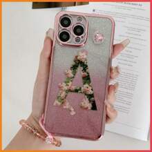 Zupełnie nowy zestaw platerowanych, antywstrząsowych etui na telefon z błyszczącą naklejką, kwiatowym wzorem alfabetu, przezroczystym, uroczym łańcuszkiem, kompatybilny z 'em, kompatybilny z Samsungiem, kompatybilny z Redmi, kompatybilny z , kompatybilny z Oppo, kompatybilny z - Różowy - Zobacz 3