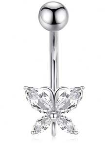 14g 10 毫米肚臍環手術不鏽鋼短桿肚環防過敏鑽石蝴蝶肚環女女孩 - 銀色 - 查看 1