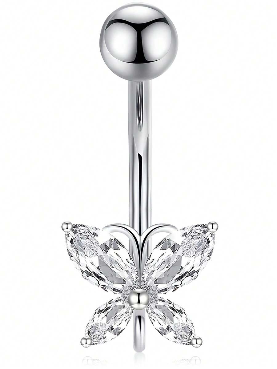 14g 10 毫米肚臍環手術不鏽鋼短桿肚環防過敏鑽石蝴蝶肚環女女孩 - 銀色 - 查看 1